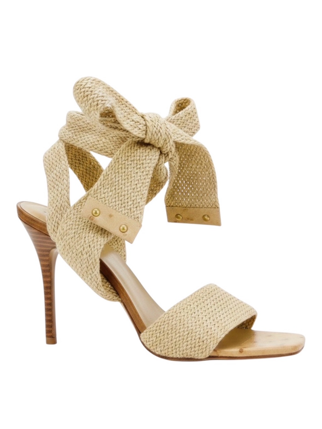 Gucci Tom Ford Spring 2002 Tan Ostrich Leather Woven Ankle Tie Heeled Y2k Sandal